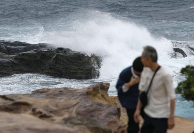 High waves caused by Typhoon Lan break on the shores of Senjojiki, Shirahama town, Wakayama prefecture, Japan, August 14, 2023. Mandatory credit Kyodo/via REUTERS
