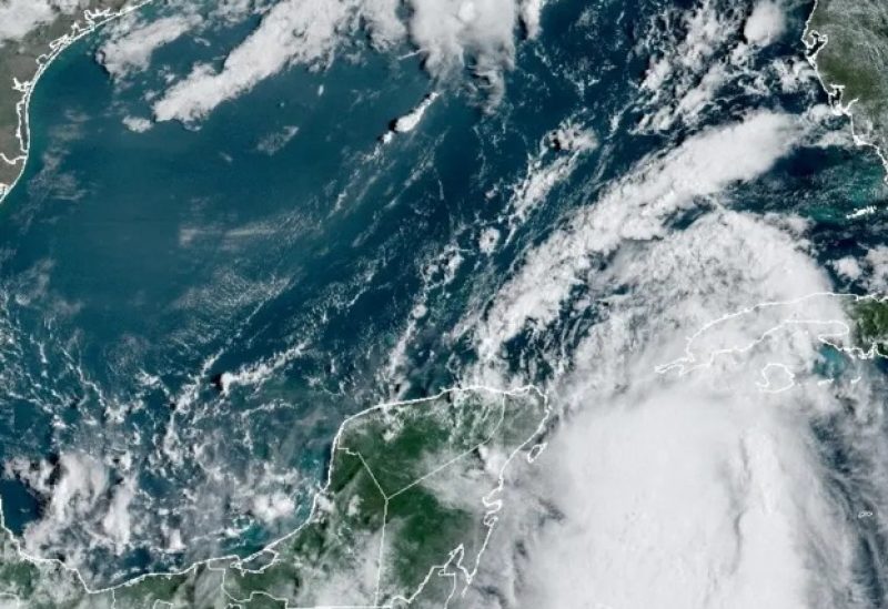 Tropical Storm Idalia makes its way to Cuba and Florida's west coast in a composite image from the National Oceanic and Atmospheric Administration (NOAA) GOES-East weather satellite August 28, 2023. (Reuters)