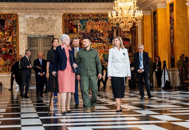Denmark's Queen Margrethe II, Crown Prince Frederik and Crown Princess Mary meet with Ukrainian President Volodymyr Zelenskiy and his wife Olena Zelenska accompanied by speaker of the Danish Parliament Soeren Gade, and Danish Prime Minister Mette Frederiksen in the Danish Parliament in Copenhagen, Denmark on Monday, August 21, 2023. Ritzau Scanpix/Martin Sylvest via REUTERS ATTENTION EDITORS - THIS IMAGE WAS PROVIDED BY A THIRD PARTY. DENMARK OUT. NO COMMERCIAL OR EDITORIAL SALES IN DENMARK.