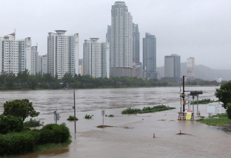 A park is submerged due to typhoon Khanun in Ulsan, South Korea, August 10, 2023. Yonhap via REUTERS