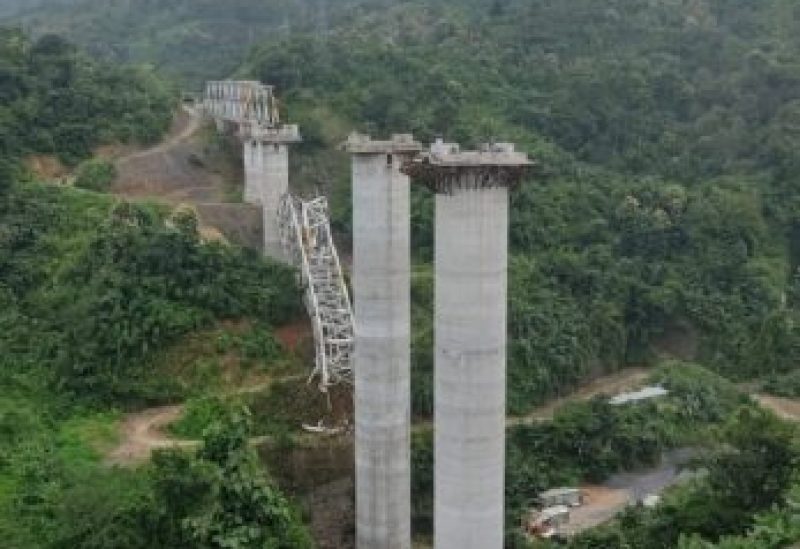 A view shows a collapsed under-construction railway bridge in Sairang, Mizoram, India, August 23, 2023, posted on messaging platform X, formerly known as Twitter. Dr. Hari Babu Kambhampati, Governor of Mizoram via X /Handout via REUTERS THIS IMAGE HAS BEEN SUPPLIED BY A THIRD PARTY NO RESALES. NO ARCHIVES MANDATORY CREDIT