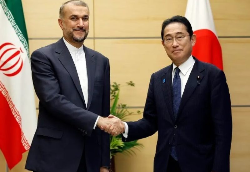 Iranian Foreign Minister Hossein Amir-Abdollahian (L) meets with Japanese Prime Minister Fumio Kishida at Kishida’s official residence in Tokyo on August 7, 2023. (AFP)