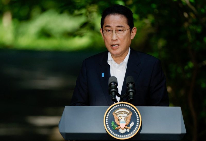 Japanese Prime Minister Fumio Kishida speaks during a joint press conference with U.S. President Joe Biden and South Korean President Yoon Suk Yeol (not pictured) during the trilateral summit at Camp David near Thurmont, Maryland, U.S., August 18, 2023. REUTERS/Evelyn Hockstein
