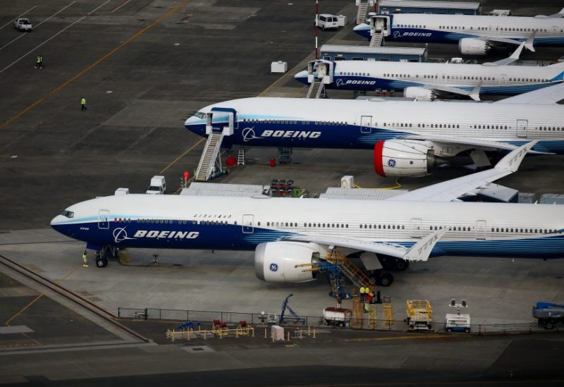 Boeing 777X and Boeing 737 MAX 10 airplanes are seen parked in an aerial view at King County International Airport-Boeing Field in Seattle, Washington, U.S, June 1, 2022. REUTERS/Lindsey Wasson/File Photo