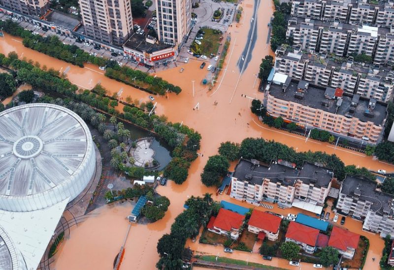 An aerial view shows flooded streets on the outskirts of Fuzhou, after heavy rains brought by typhoon Haikui in Fujian province, China September 5, 2023. cnsphoto via REUTERS