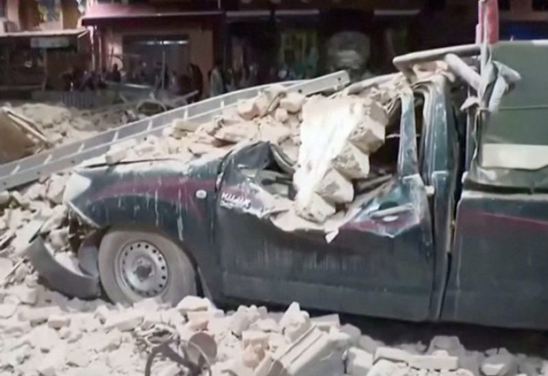 View of a damaged car and debris from the earthquake in Marrakech, Morocco September 9, 2023 in this screen grab taken from a video. Al Oula TV/Handout via REUTERS