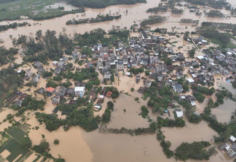 An aerial view shows a flooded village in Shankou town after heavy rainfall in Hepu county, Beihai, Guangxi Zhuang Autonomous Region, China, September 11, 2023. cnsphoto via REUTERS