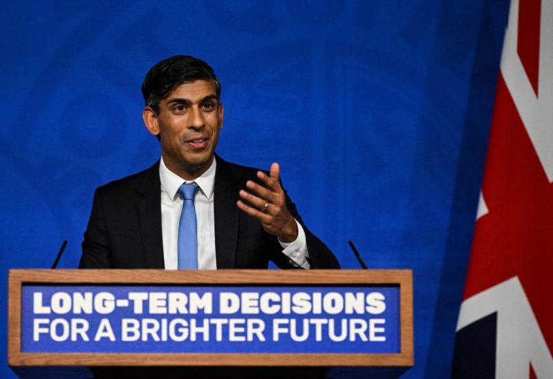 Britain's Prime Minister Rishi Sunak delivers a speech during a press conference on the net zero target, at the Downing Street Briefing Room, in central London, on September 20, 2023. The UK looked set to backtrack on policies aimed at achieving net zero emissions by 2050 with Prime Minister Rishi Sunak expected to water down some of the government's green commitments. The move comes amid growing concern over the potential financial cost of the government's policies to achieve net zero carbon emissions by mid-century. JUSTIN TALLIS/Pool via REUTERS