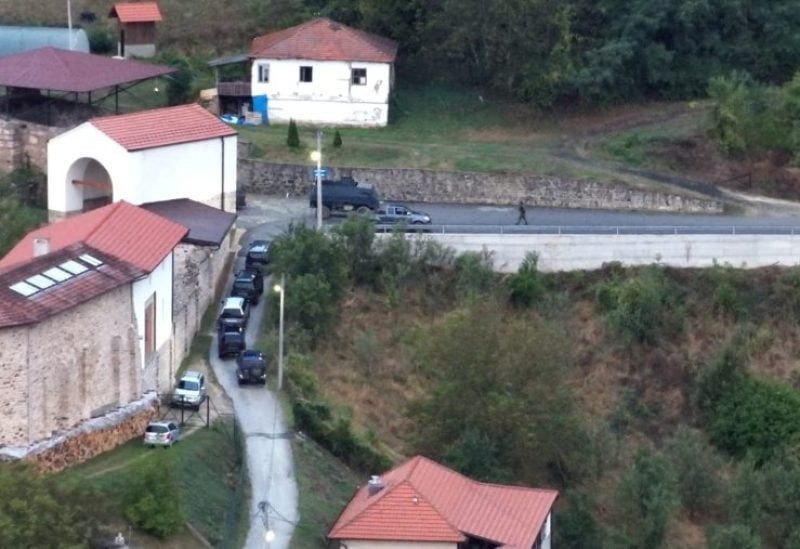 A view shows unmarked vehicles lined up outside Banjska Monastery, in Kosovo, in this handout picture released on September 24, 2023. Kosovo Government/Handout via REUTERS