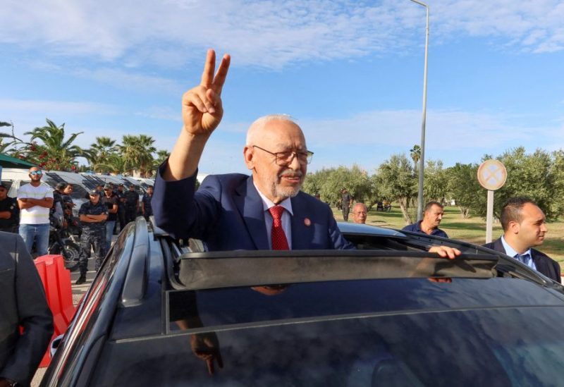 Islamist Ennahda party leader Rached Ghannouchi gestures outside Judicial Pole of Counter-Terrorism after a Tunisian judge postponed a terrorism hearing against him in Tunis,Tunisia September 21, 2022. REUTERS/Jihed Abidellaoui/File Photo