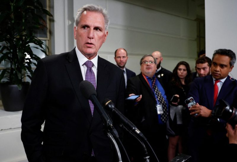 ]U.S. House Speaker Kevin McCarthy (R-CA) speaks with reporters after a House Republican conference meeting following a series of failed votes on spending packages at the U.S. Capitol ahead of a looming government shutdown in Washington, U.S. September 29, 2023. REUTERS/Jonathan Ernst