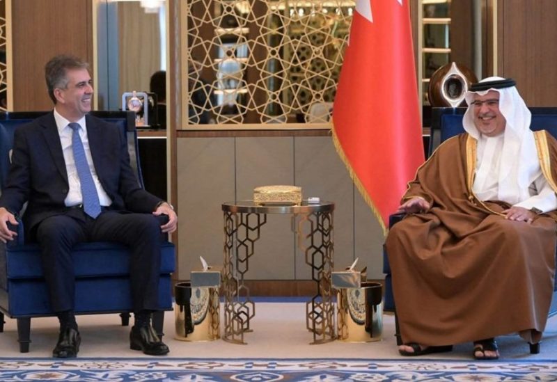 A handout picture provided by the Israeli Ministry of Foreign Affairs shows Israel's top diplomat Eli Cohen (L) meeting with Bahrain's Crown Prince and Prime Minister Salman bin Hamad Al-Khalifa in Manama, on September 4, 2023. (Israeli Ministry of Foreign Affairs / AFP)
