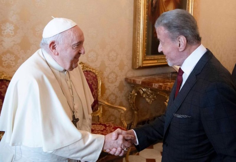 Pope Francis meets actor Sylvester Stallone at the Vatican, September 8, 2023. Vatican Media/­Handout via REUTERS