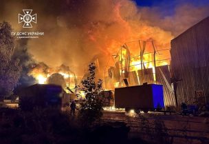 Firefighters work at a site of an industrial warehouse damaged by a Russian drone strike, amid Russia's attack on Ukraine, in Lviv, Ukraine September 19, 2023