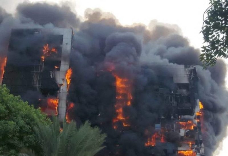 This picture taken on September 17, 2023 shows a raging fire at the Greater Nile Petroleum Oil Company Tower in Khartoum. (AFP)