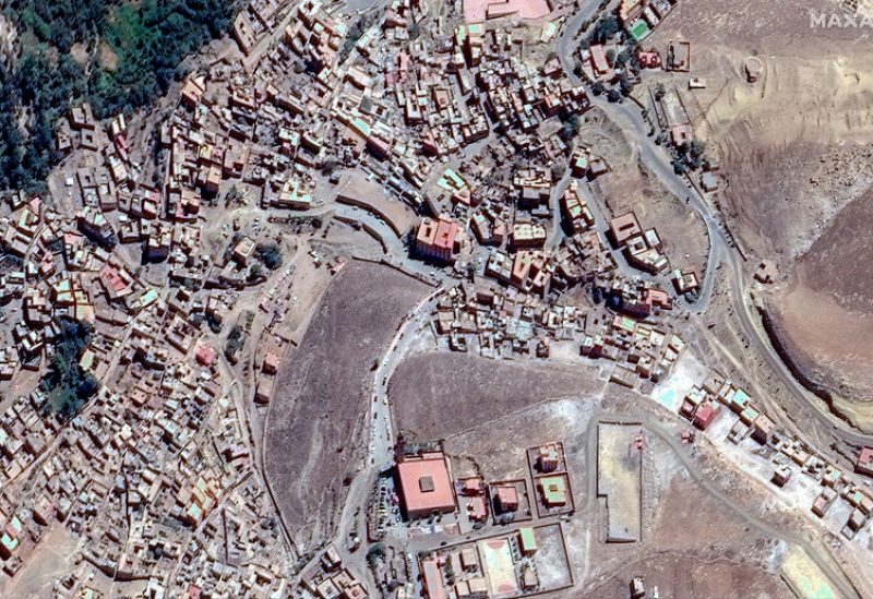 A satellite image shows collapsed buildings, following a powerful earthquake, in Moulay Brahim, Morocco September 10, 2023. Maxar Technologies/Handout via REUTERS THIS IMAGE HAS BEEN SUPPLIED BY A THIRD PARTY. NO RESALES. NO ARCHIVES. MANDATORY CREDIT. DO NOT OBSCURE LOGO.