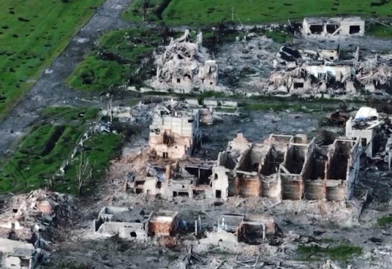 FILE PHOTO: A drone view shows the remains of Maryinka city that was destroyed by the Russians, as Russia's attack on Ukraine continues, in Maryinka, Donetsk Region, Ukraine May 12, 2023, in this screengrab obtained from a social media video. Andriy Yermak via Telegram/via REUTERS./File Photo