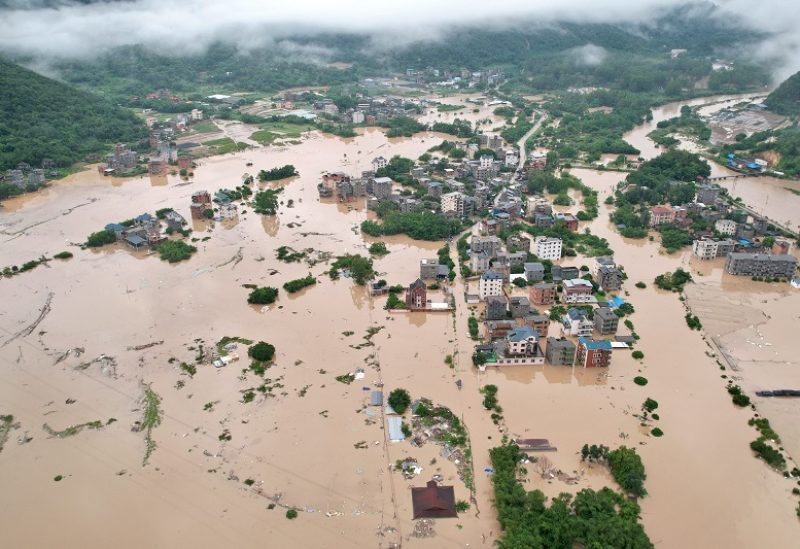 An aerial view shows flooded villages in Minhou county after heavy rains brought by typhoon Haikui, in Fuzhou, Fujian province, China September 5, 2023. cnsphoto via REUTERS ATTENTION EDITORS - THIS IMAGE WAS PROVIDED BY A THIRD PARTY. CHINA OUT.
