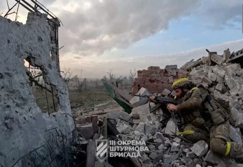 A view of a Ukrainian soldier during the purported liberation of Andriivka, at a location given as Andriivka, Donetsk Region, Ukraine, in a screen grab obtained from a handout video released September 16, 2023. 3rd assault brigade/Ukrainian Armed Forces Press service/Handout via REUTERS