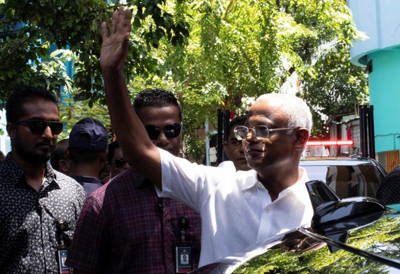 Maldives President Ibrahim Mohamed Solih waves at his supporters after casting his vote at a polling station during the Maldives presidential election day in Male, Maldives September 9, 2023. REUTERS/Dhahau Naseem NO RESALES. NO ARCHIVES