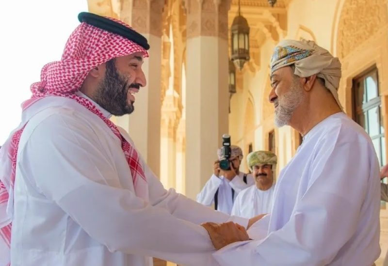 Oman’s Sultan Haitham bin Tariq al-Said welcomes Saudi Arabia’s Crown Prince Mohammed bin Salman in Muscat. (SPA)