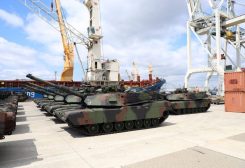 General view of the delivery of the first company of U.S.-made Abrams M1A1 tanks to arrive in the country under a deal finalised in 2022, at the port in Szczecin, Poland, June 28, 2023