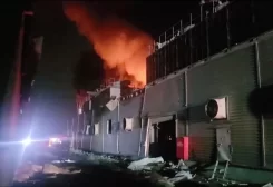 A view of smoke rising from golfing equipment factory, following a fire at golf equipment factory, in Pingtung, Taiwan September 22, 2023 in this screen grab obtained from a handout video. CTI/via Reuters TV/Handout via REUTERS