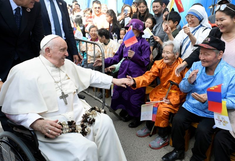 Pope Francis attends a welcome ceremony at the bishop's house during his Apostolic Journey, in Ulaanbaatar, Mongolia September 1, 2023. Vatican Media/­Handout via REUTERS ATTENTION EDITORS - THIS IMAGE WAS PROVIDED BY A THIRD PARTY