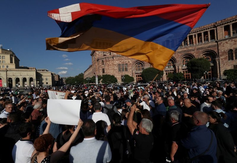 Protesters gather near the government building, after Azerbaijan launched a military operation in the region of Nagorno-Karabakh, in Yerevan, Armenia, September 19, 2023. Vahram Baghdasaryan/Photolure via REUTERS ATTENTION EDITORS - THIS IMAGE HAS BEEN SUPPLIED BY A THIRD PARTY.
