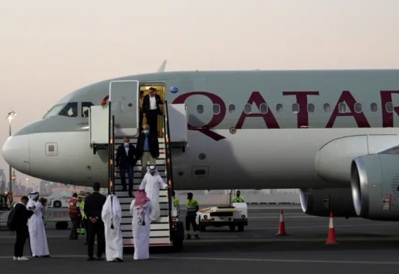 From left, Emad Sharghi, Morad Tahbaz and Siamak Namazi, former prisoners in Iran, walk out of a Qatar Airways flight that brought them out of Tehran and to Doha, Qatar, Monday, Sept. 18, 2023. Five prisoners sought by the U.S. in a swap with Iran were freed Monday and headed home as part of a deal that saw nearly $6 billion in Iranian assets unfrozen. (AP)
