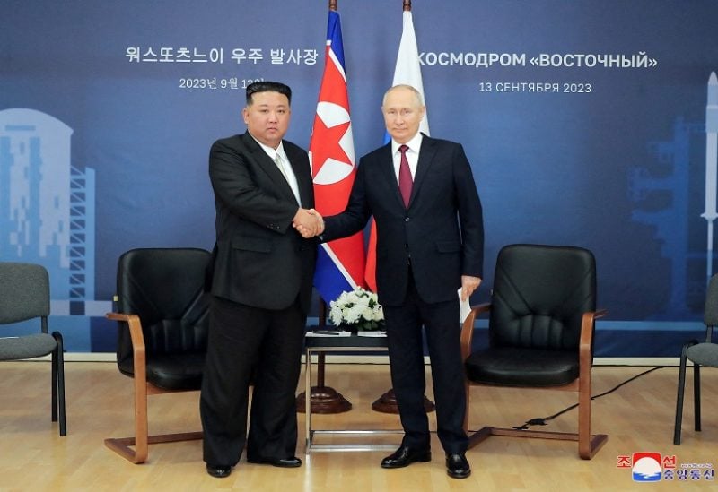 FILE PHOTO: Russia's President Vladimir Putin and North Korea's leader Kim Jong Un attend a meeting at the Vostochny Cosmodrome in the far eastern Amur region, Russia, September 13, 2023 in this image released by North Korea's Korean Central News Agency. KCNA via REUTERS ATTENTION EDITORS - THIS IMAGE WAS PROVIDED BY A THIRD PARTY. REUTERS IS UNABLE TO INDEPENDENTLY VERIFY THIS IMAGE. NO THIRD PARTY SALES. SOUTH KOREA OUT. NO COMMERCIAL OR EDITORIAL SALES IN SOUTH KOREA./File Photo