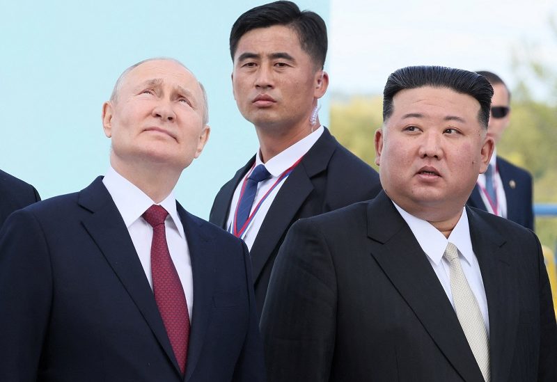 Russia's President Vladimir Putin and North Korea's leader Kim Jong Un visit the Vostochny Сosmodrome in the far eastern Amur region, Russia, September 13, 2023. Sputnik/Mikhail Metzel/Kremlin via REUTERS ATTENTION EDITORS - THIS IMAGE WAS PROVIDED BY A THIRD PARTY. THIS PICTURE WAS PROCESSED BY REUTERS TO ENHANCE QUALITY. AN UNPROCESSED VERSION HAS BEEN PROVIDED SEPARATELY.