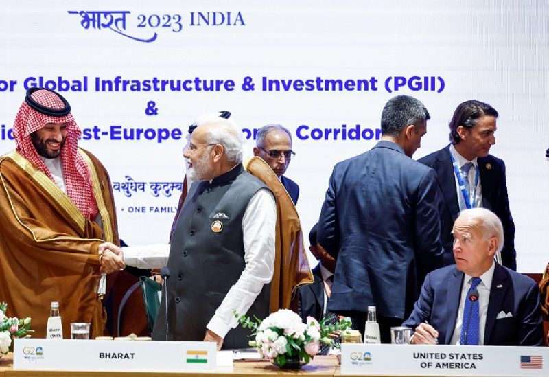 Saudi Arabian Crown Prince Mohammed bin Salman Al Saud, Indian Prime Minister Narendra Modi and U.S. President Joe Biden attend Partnership for Global Infrastructure and Investment event on the day of the G20 summit in New Delhi, India, September 9, 2023. REUTERS/Evelyn Hockstein/Pool