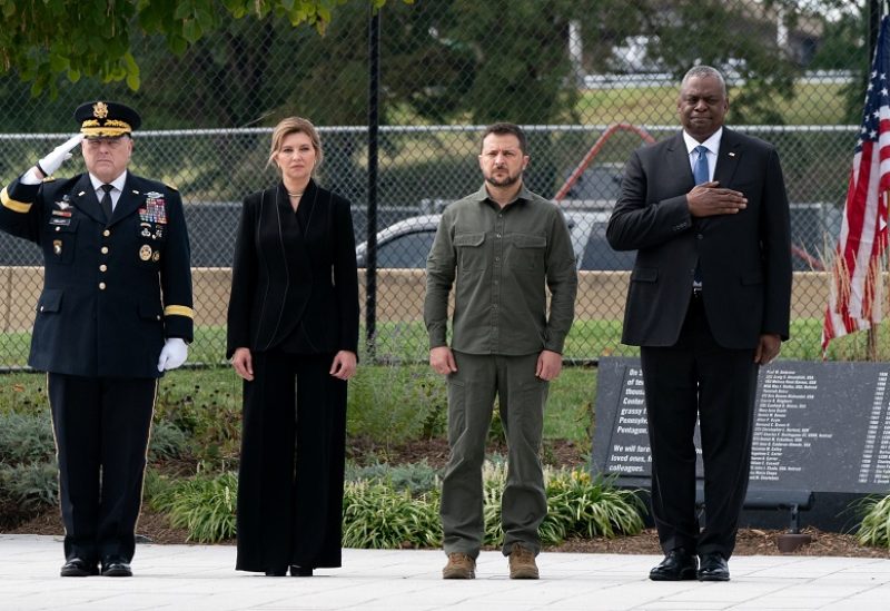 U.S. Secretary of Defense Lloyd Austin, U.S. Chairman of the Joint Chiefs of Staff General Mark A. Milley, Ukrainian President Volodymyr Zelenskiy and his wife Olena attend a wreath laying ceremony at the National 9/11 Pentagon Memorial, in Arlington, Virginia, U.S., September 21, 2023. REUTERS/Elizabeth Frantz