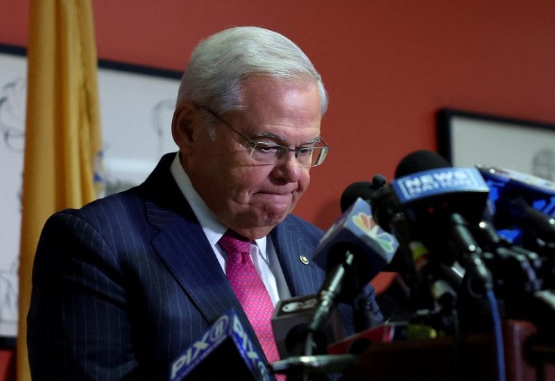 FILE PHOTO: U.S. Senator Robert Menendez (D-NJ) delivers remarks, after he and his wife Nadine Menendez were indicted on bribery offenses in connection with their corrupt relationship with three New Jersey businessmen, in Union City, New Jersey, U.S., September 25, 2023. REUTERS/Mike Segar/File Photo