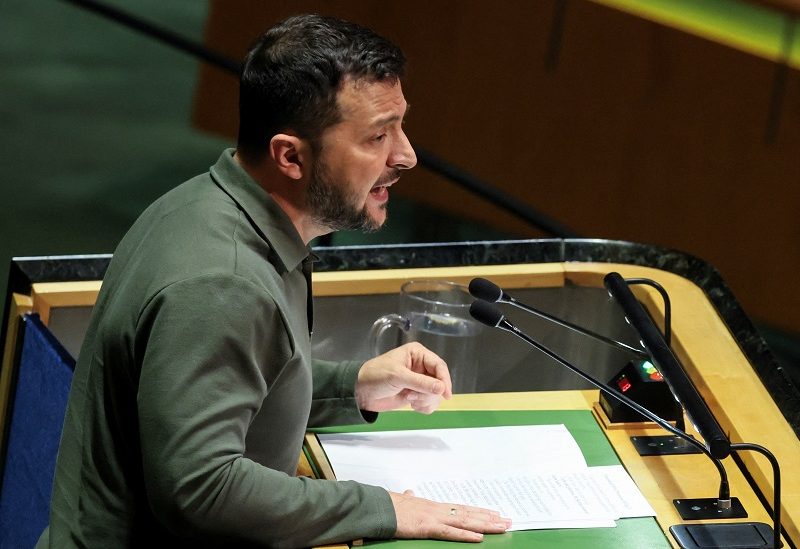 Ukraine's President Volodymyr Zelenskiy addresses the 78th Session of the U.N. General Assembly in New York City, U.S., September 19, 2023. REUTERS/Brendan McDermid