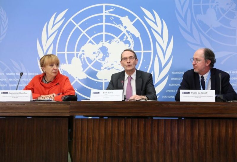 Jasminka Dzumhur, Erik Mose and Pablo de Greiff, members of the Independent International Commission of Inquiry on Ukraine, attend a news conference at the United Nations in Geneva, Switzerland, September 23, 2022