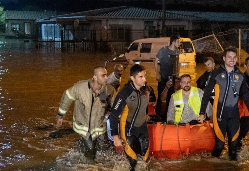 People are rescued and evacuated by boat during flooding in Kucukcekmece district in Istanbul on September 5, 2023. (AFP)