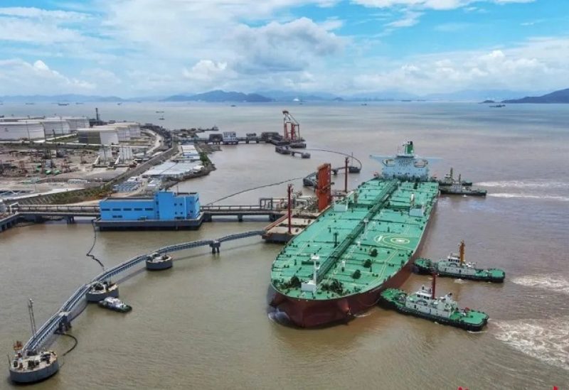 An aerial view shows a crude oil tanker at an oil terminal off Waidiao island in Zhoushan, Zhejiang province, China January