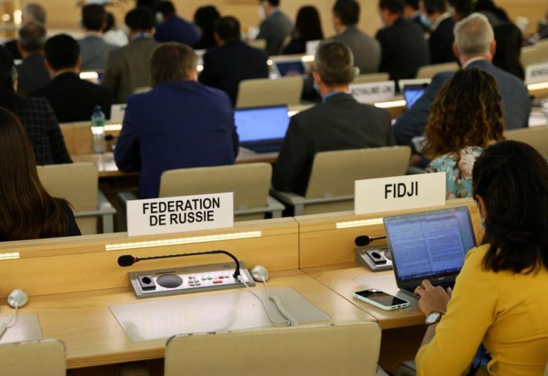 The empty seat for the representative of Russia is pictured during the Human Rights Council special session on the human rights situation in Ukraine, at the United Nations in Geneva, Switzerland, May 12, 2022. REUTERS