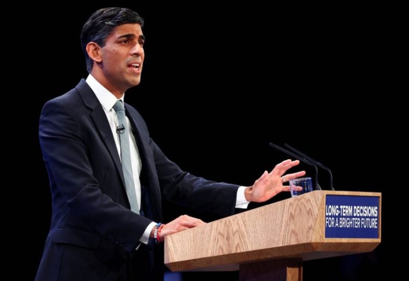 British Prime Minister Rishi Sunak speaks on stage at Britain's Conservative Party's annual conference in Manchester, Britain, October 4, 2023. REUTERS