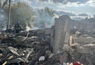 Firefighters work at a site of a Russian military strike, amid Russia's attack on Ukraine, in the village of Hroza, in Kharkiv region, Ukraine October 5, 2023. Head of Kharkiv Regional Military Administration Oleg Syniehubov via Telegram/Handout via REUTERS