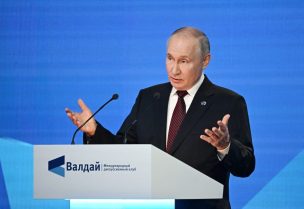 Russian President Vladimir Putin delivers a speech at the 20th Annual Meeting of the Valdai Discussion Club in Sochi, Russia, October 5, 2023. Sputnik/Grigory Sysoyev/Pool via REUTERS