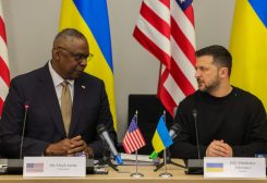 U.S. Secretary of Defense Lloyd Austin III talks with Ukraine's President Volodymyr Zelenskiy during a Ukraine Defense Contact Group meeting ahead of a two day NATO Defense Ministers Council at the alliance headquarters in Brussels, Belgium, October 11, 2023. Olivier Matthys/Pool via REUTERS