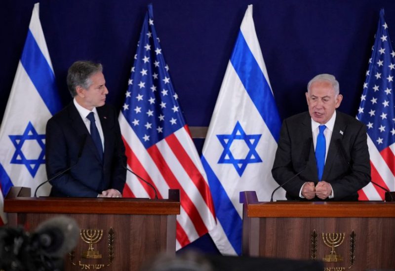 U.S. Secretary of State Antony Blinken and Israel’s Prime Minister Benjamin Netanyahu make statements to the media inside The Kirya, which houses the Israeli Ministry of Defense, after their meeting in Tel Aviv, Israel, Thursday Oct. 12, 2023. Jacquelyn Martin/Pool via REUTERS