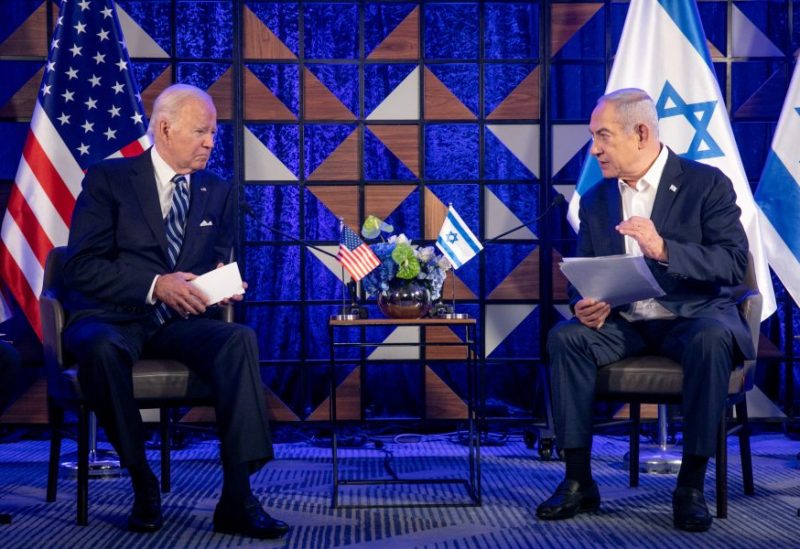 U.S. President Joe Biden, left, meets with Israeli Prime Minister Benjamin Netanyahu, right, to discuss the ongoing conflict between Israel and Hamas, in Tel Aviv, Israel, Wednesday, Oct. 18, 2023. Miriam Alster/Pool via REUTERS