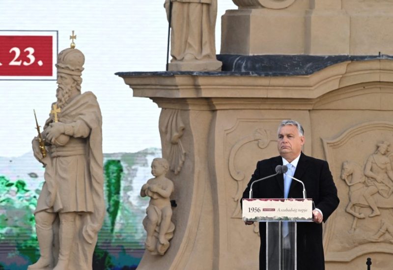 Hungarian Prime Minister Viktor Orban delivers a speech during the celebrations of the 67th anniversary of the Hungarian Uprising of 1956, in Veszprem, Hungary, October 23, 2023. Szilard Koszticsak/Pool via Reuters