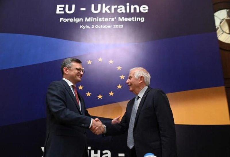 Ukrainian Foreign Minister Dmytro Kuleba and European Union Foreign Policy Chief Josep Borrell shake hands before EU-Ukraine foreign ministers meeting, amid Russia's attack on Ukraine, in Kyiv, Ukraine October 2, 2023. Press service of the Ministry of Foreign Affairs of Ukraine/Handout via REUTERS