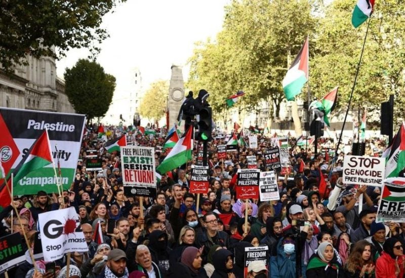 Demonstrators protest in solidarity with Palestinians in Gaza, amid the ongoing conflict between Israel and the Palestinian group Hamas, in London, Britain, October 21, 2023.