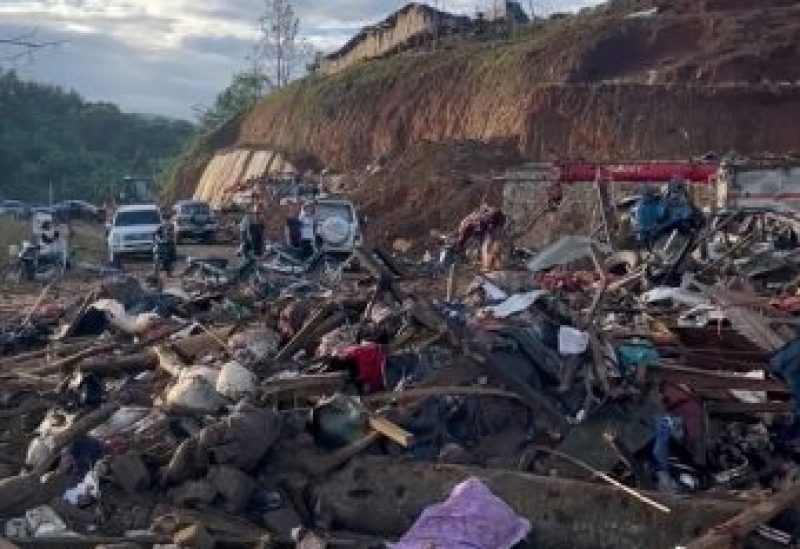 Debris in a refugee camp after women and children were killed is seen in this video screengrab obtained from social media, in Laiza, Myanmar, October 10, 2023. Video obtained by Reuters/via REUTERS THIS IMAGE HAS BEEN SUPPLIED BY A THIRD PARTY.